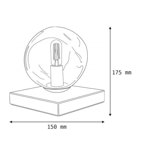 Maßskizze einer Tischleuchte mit kugelförmigem Schirm und quadratischem Sockel. Höhe 175 Millimeter, Breite 150 Millimeter.