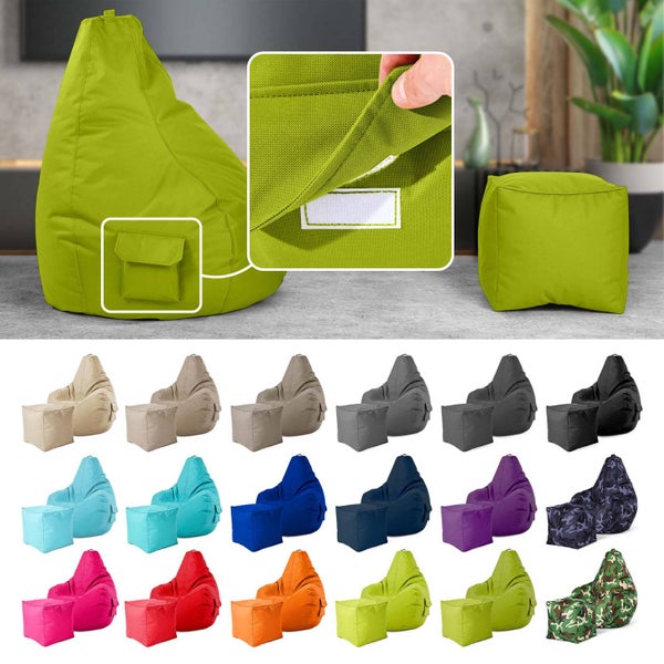 Green Bean 2er Set Sitzsack + Hocker - fertig befüllt - robust waschbar schmutzabweisend - Kinder & Erwachsene Bean Bag Bodenkissen Lounge Sitzhocker Relax-Sessel Gamer Gamingstuhl Pouf - Grün