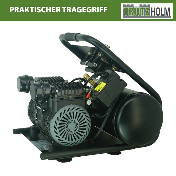 Trutzholm Logo, tragbarer Kompressor mit praktischem Tragegriff und Druckluftbehälter.
