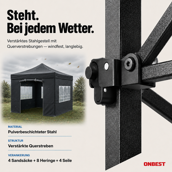 Pavillon mit verstärktem Stahlgestell und Querverstrebungen. Detailaufnahme der Gelenke aus pulverbeschichtetem Stahl. ONBEST Logo.