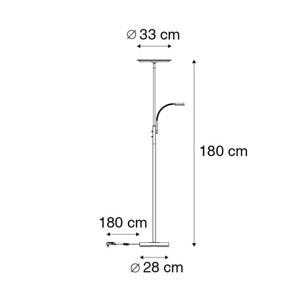 Technische Zeichnung einer Stehleuchte mit den Maßen: Höhe 180 cm, Durchmesser Lampenschirm 33 cm, Durchmesser Fuß 28 cm.