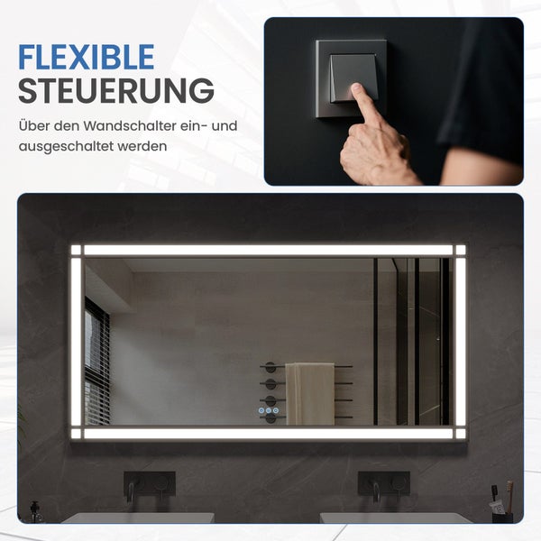 Badezimmerspiegel mit LED Beleuchtung und Steuerung über den Wandschalter in einem modernen Badezimmer.