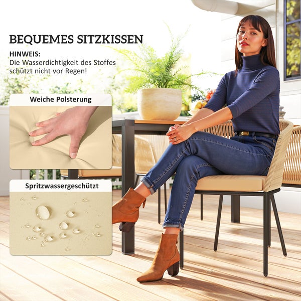 Outsunny 5-teiliges Polyrattan Gartenmöbel-Set für 4 Personen, wetterfest Balkonmöbel mit Tisch 4 Stühle abnehmbar Sitzkissen, Outdoor Terrassenmöbel Lounge-Set für Balkon, Garten, Naturholz+Khaki