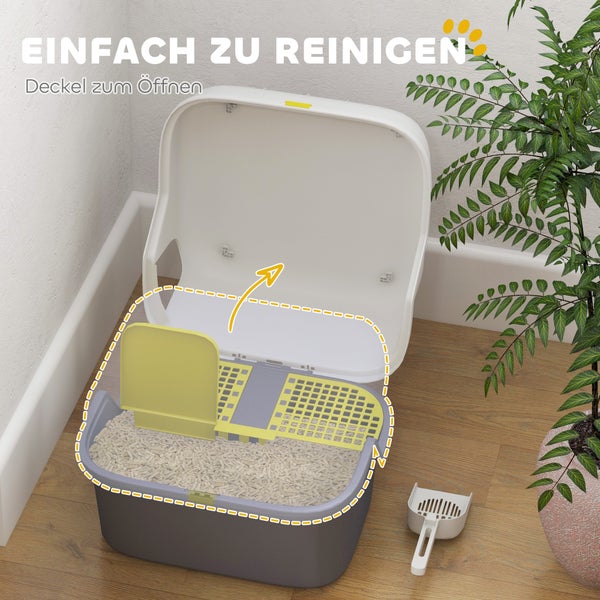 PawHut Katzentoilette mit Deckel, Katzenklo mit Sieb, Schaufel, geschlossen Katze Toilettenhaus für kleine Katze unter 3,5 kg, Indoor, Kunststoff, Cremeweiß