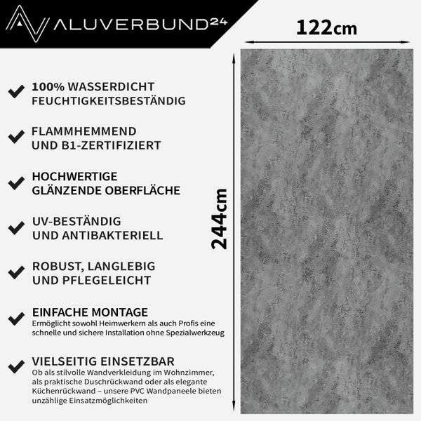 Aluverbund24 Logo. PVC Wandpaneel, 122 mal 244 Zentimeter, wasserdicht, feuchtigkeitsbeständig, schwer entflammbar, B1 zertifiziert, UV beständig, antibakteriell, robust, langlebig, pflegeleicht, einfache Montage, vielseitig einsetzbar.