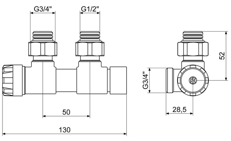 Technische Zeichnung eines Verteilerblocks mit G 3/4 Zoll und G 1/2 Zoll Anschlüssen sowie Maßangaben in Millimetern.
