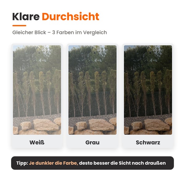 Vergleich der Durchsicht von Insektenschutzgewebe in drei verschiedenen Farben mit Blick auf eine Hecke und Steine.