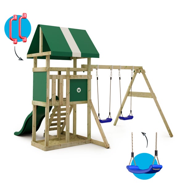 WICKEY Spielturm Klettergerüst DinkyHouse mit Schaukel und Rutsche, Kletterturm mit Sandkasten, Leiter und Spiel-Zubehör – grün