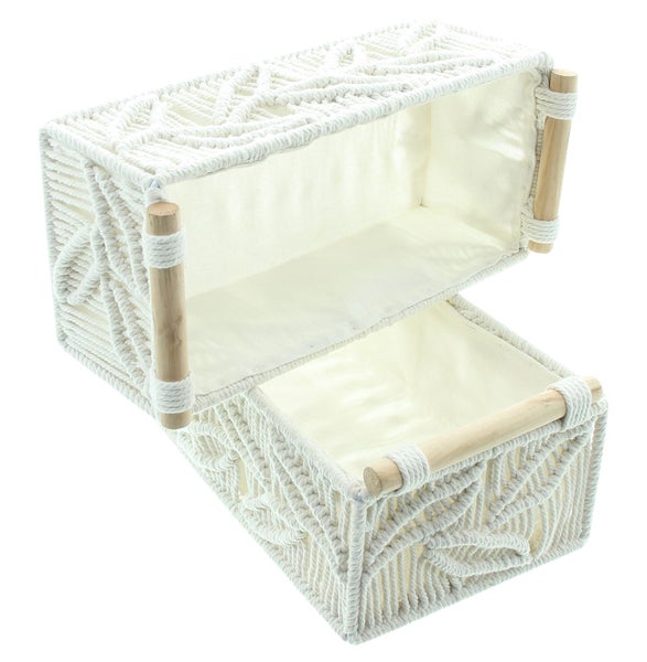 FRANK FLECHTWAREN | Textilkorb Blattstruktur, 2er Set, METALL, HOLZ, BAUMWOLLE, TEXTIL, 30 x 14 x 12 cm, 34 x 17 x 12 cm