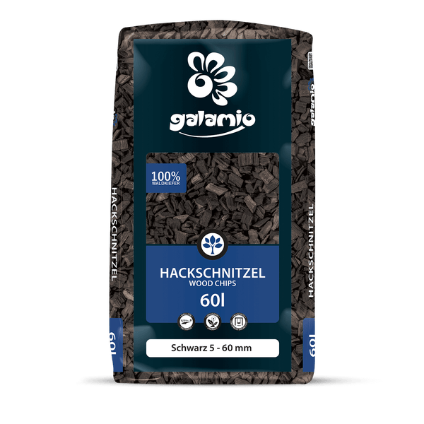 Galamio Hackschnitzel aus 100 Prozent Waldkiefer, schwarz, Körnung 5 bis 60 mm, 60 Liter Sack.