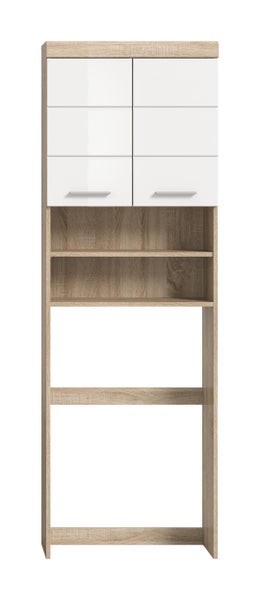 Badezimmer Hochschrank mit offenen Ablagefächern und zwei Schranktüren im Holzdekor.