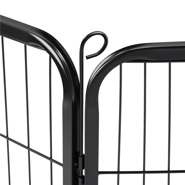 Detailansicht eines schwarzen Metall-Hundegitters mit Scharnier.