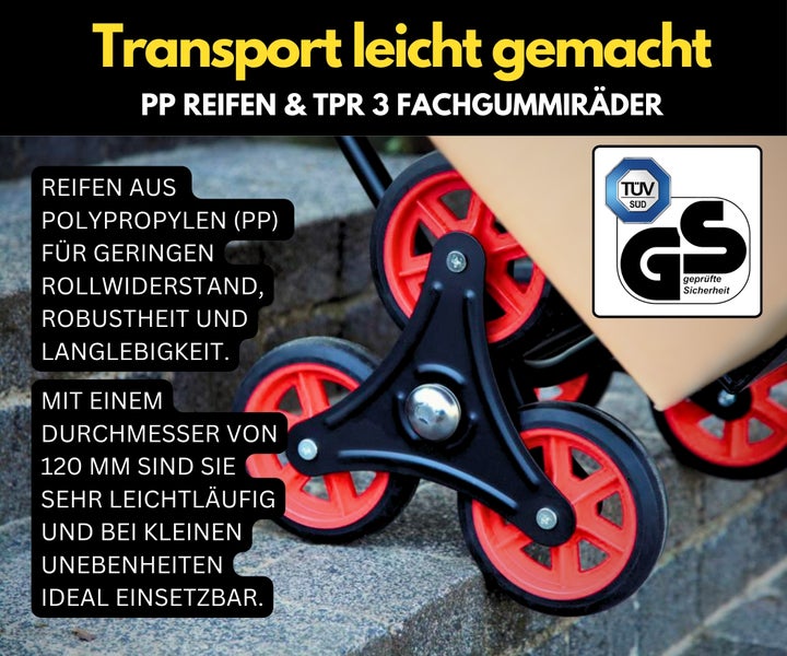 Treppensteigrad mit Polypropylen Reifen und thermoplastischem Kautschuk für Treppenkarren mit 120 Millimeter Durchmesser und GS Siegel.