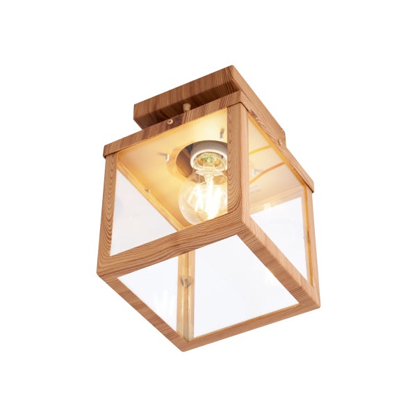 Quadratische Deckenleuchte aus Holz und Glas mit sichtbarem Leuchtmittel.