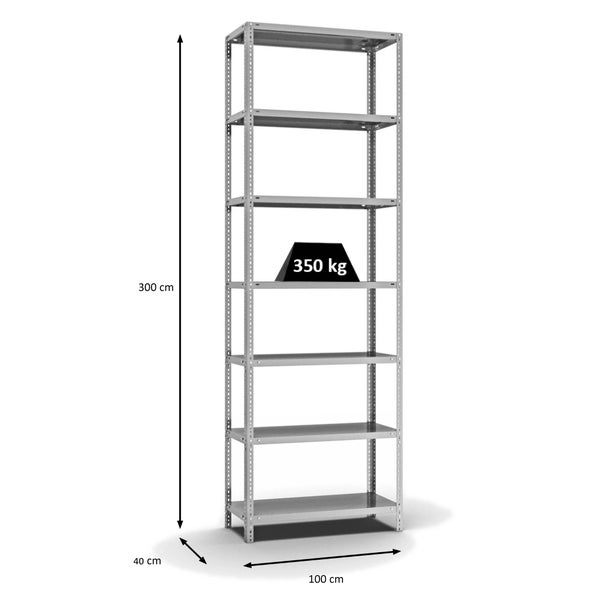 PROREGAL Fachbodenregal Schraubsystem Heavy-Duty Grundregal HxBxT 300 x 100 x 40 cm 7 Ebenen Fachlast 350 kg Beidseitig Nutzbar Verzinkt