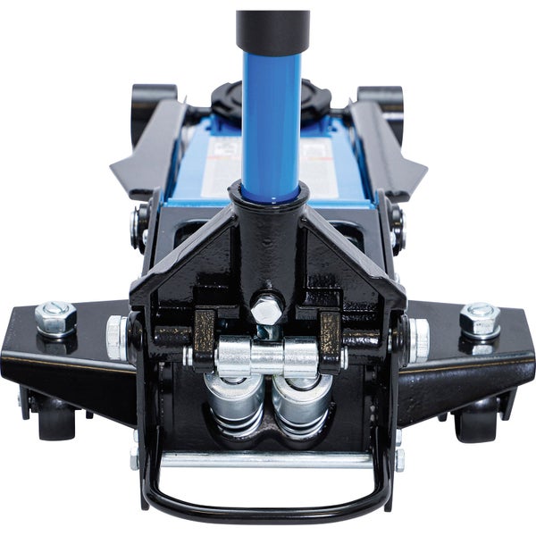 Hydraulischer Rangierwagenheber aus Stahl in Blau und Schwarz mit langer Hebelstange und vier Rollen.