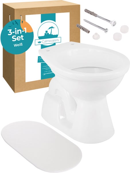Calmwaters® Weißes Stand WC als Tiefspüler mit senkrechtem Abgang im Set mit Schallschutzmatte und Befestigung, 99000216