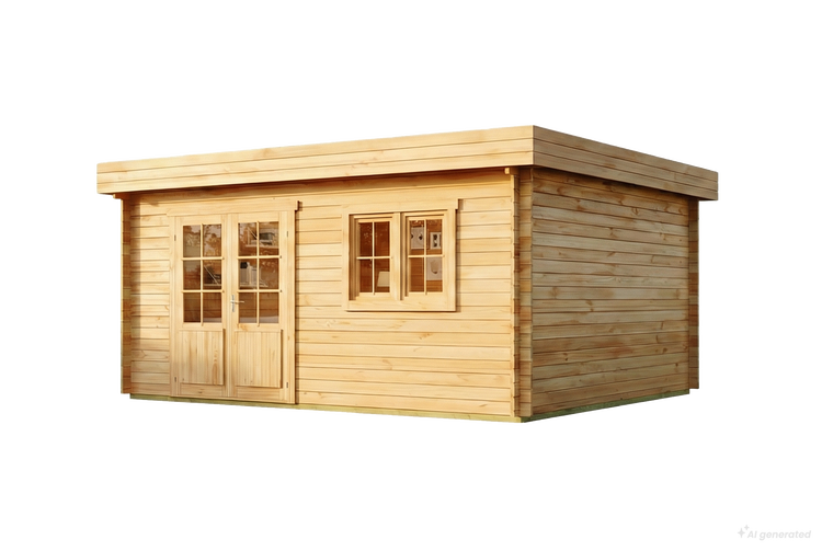 Gartenhaus aus Holz mit Flachdach, Doppeltür mit Sprossenfenstern und einem zweiflügeligen Fenster für den Außenbereich.