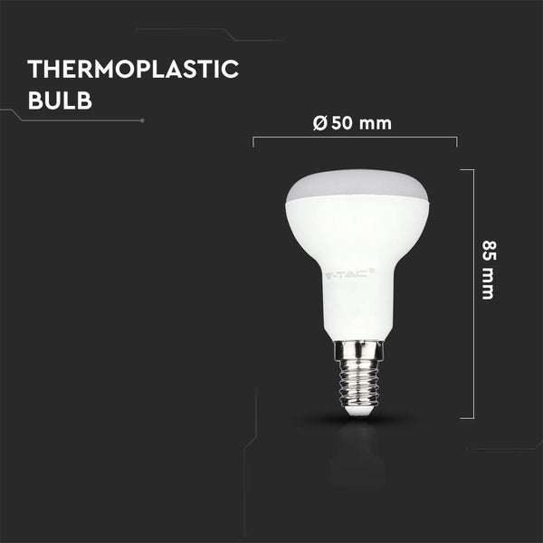 V-TAC Thermoplast-LED-Leuchtmittel, Durchmesser 50 Millimeter, Höhe 85 Millimeter.