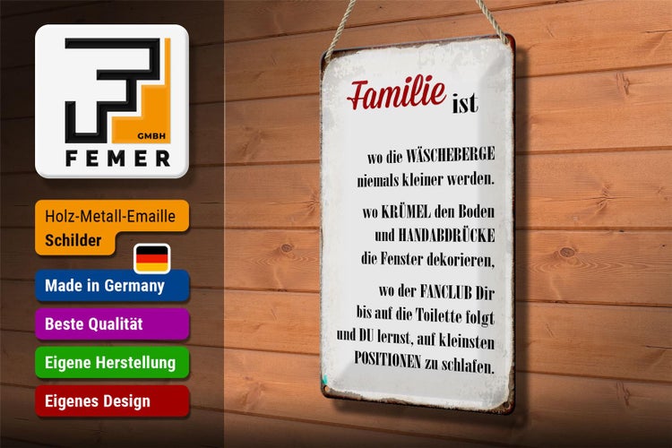 Blechschild Spruch 20x30cm Familie ist wo die Wäscheberge