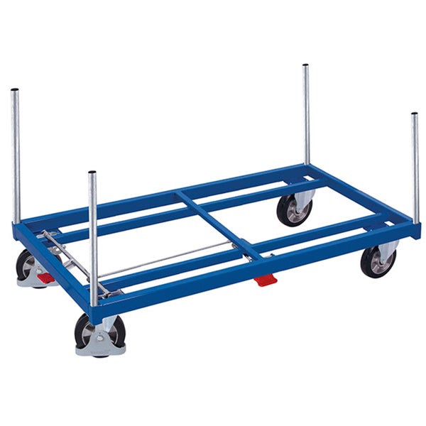 Transportwagen mit blauem Metallrahmen, vier Lenkrollen und vier aufsteckbaren Rungen.