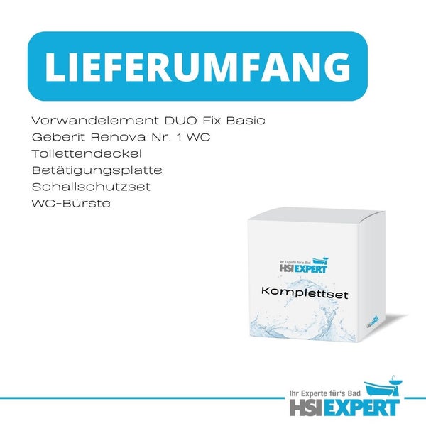 Lieferumfang eines Sanitär-Komplettsets für das Badezimmer mit Vorwandelement, WC, WC-Sitz, Betätigungsplatte, Schallschutzset und WC-Bürste