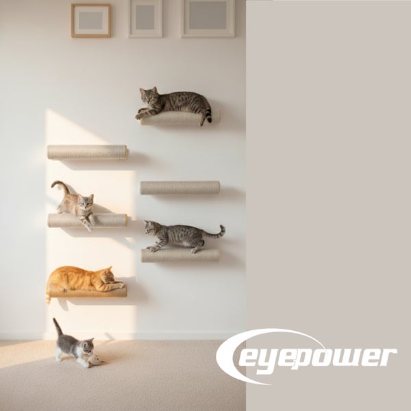Wandmontierte Katzenkletterstufen und Liegeflächen mit Sisaloberfläche und Eyepower Logo für ein katzengerechtes Zuhause.