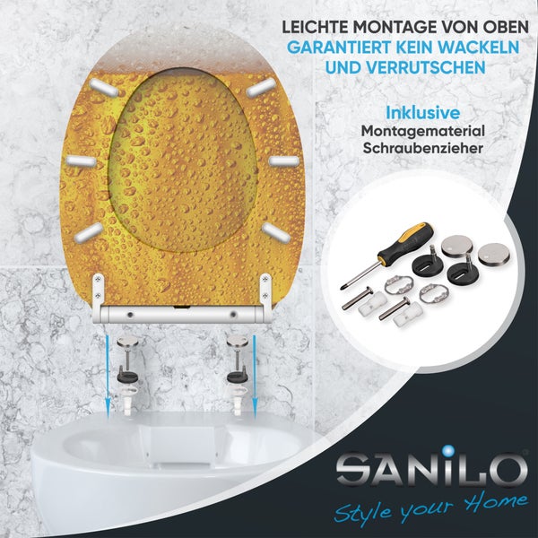 Sanilo WC-Sitz mit Bier-Design, Montagematerial und Schraubenzieher für einfache Montage von oben. Sanilo Logo.