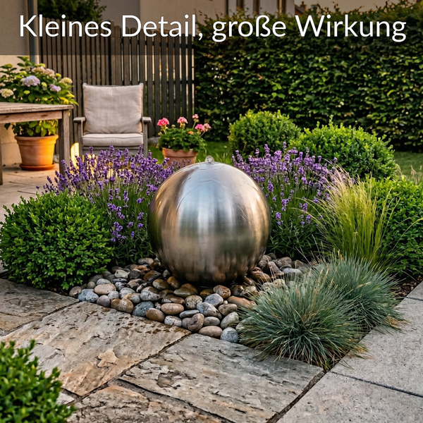 Edelstahl-Kugelbrunnen auf Kieselsteinen umgeben von Lavendel, Buchsbaum und Ziergräsern in einem modern gestalteten Garten.