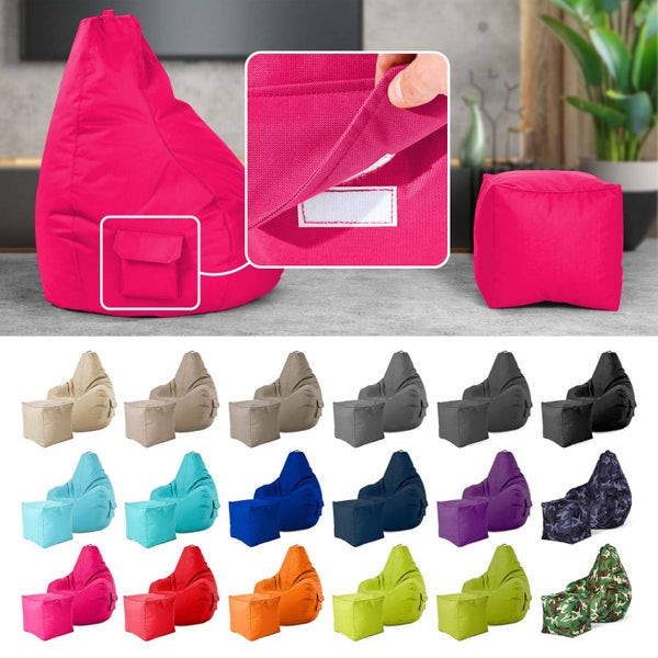 Green Bean 2er Set Sitzsack + Hocker - fertig befüllt - robust waschbar schmutzabweisend - Kinder & Erwachsene Bean Bag Bodenkissen Lounge Sitzhocker Relax-Sessel Gamer Gamingstuhl Pouf - Pink
