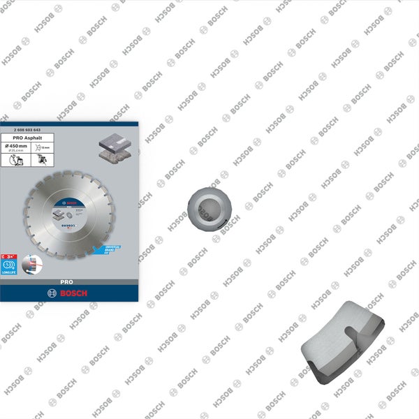 Bosch Logo mit der Beschreibung der Pro Asphalt Trennscheibe mit 450 mm Durchmesser
