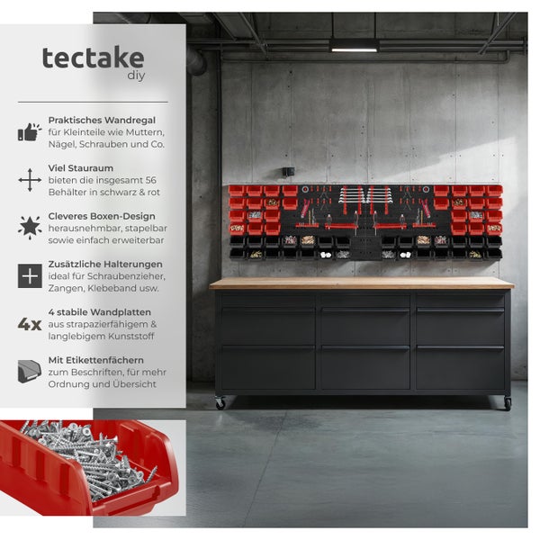 Kleinteilemagazin tectake  inklusive Halterungen für Werkzeug und Zubehör 88-teilig, mit 4 Wandplatten schwarz