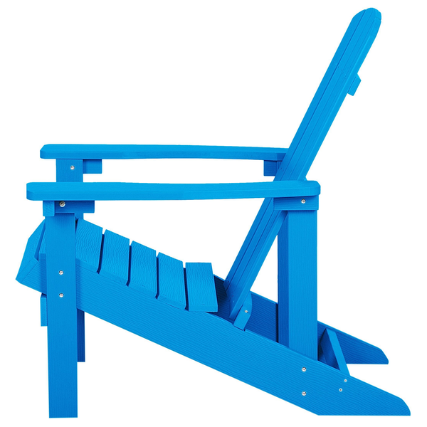Blauer Adirondack-Gartenstuhl aus Kunststoff in Holzoptik, Seitenansicht.