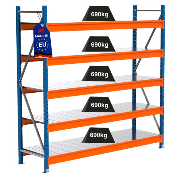 Lagerregal mit fünf Ebenen und einer Traglast von 690 kg pro Ebene