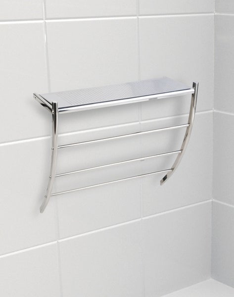 Verchromtes Handtuchregal aus Metall mit oberer Ablagefläche und vier Handtuchstangen für die Wandmontage.