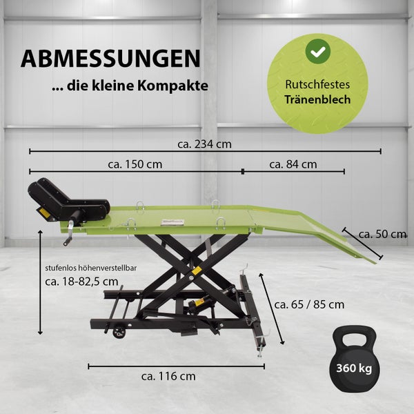 Abmessungen einer Motorradhebebühne mit technischen Details
