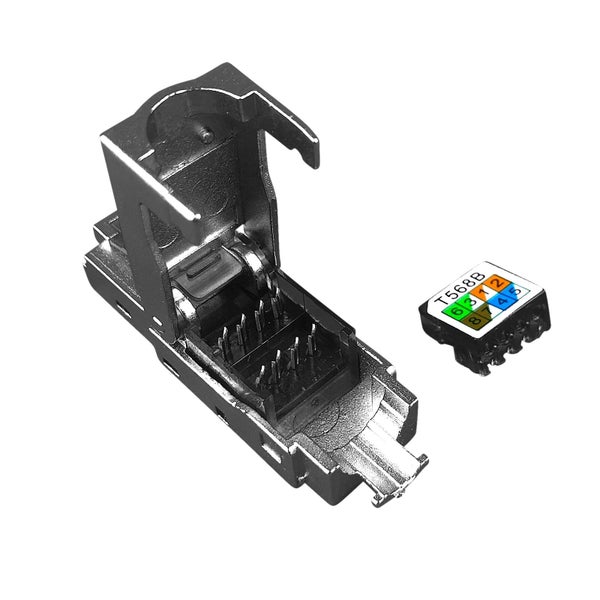 Geschirmtes RJ45 Keystone Modul aus Metall mit Belegungsplan T568B für Netzwerkkabel