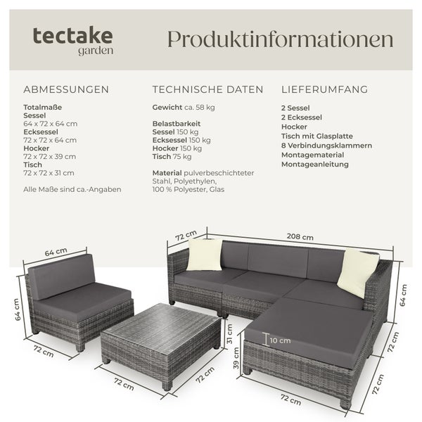 Produktinformationen zu einer Tectake Gartenlounge mit Sessel, Eckteil, Hocker und Tisch mit Glasplatte sowie Maßangaben