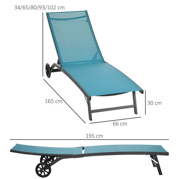 Outsunny Sonnenliege, Liegestuhl mit Rollen, Relaxliege mit verstellbarer Rückenlehne, 195 x 165 x 102 cm, Polyester, Alu, Blau
