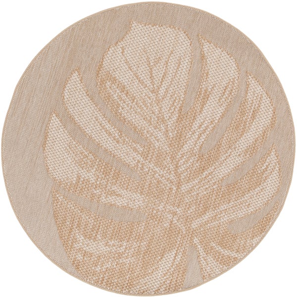 Rundteppich mit Monstera-Blatt-Motiv, flachgewebt.