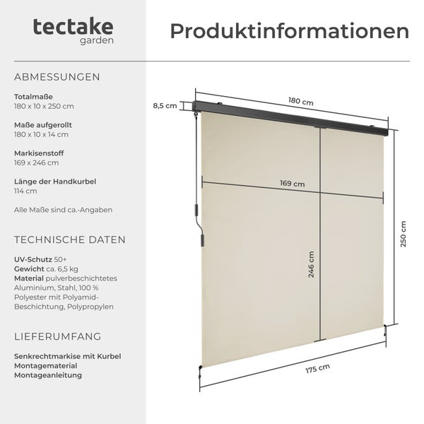 Senkrechtmarkise tectake Eloise inkl. Wandhaltern verschiedene Größen beige