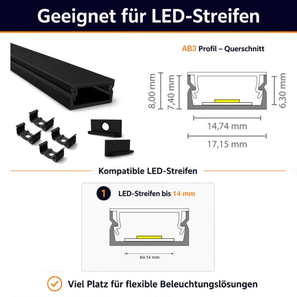 AB3 LED Aluminiumprofil Set mit Halteclips und Endkappen inklusive Maßskizze für LED Streifen bis 14 Millimeter Breite zur Beleuchtung.