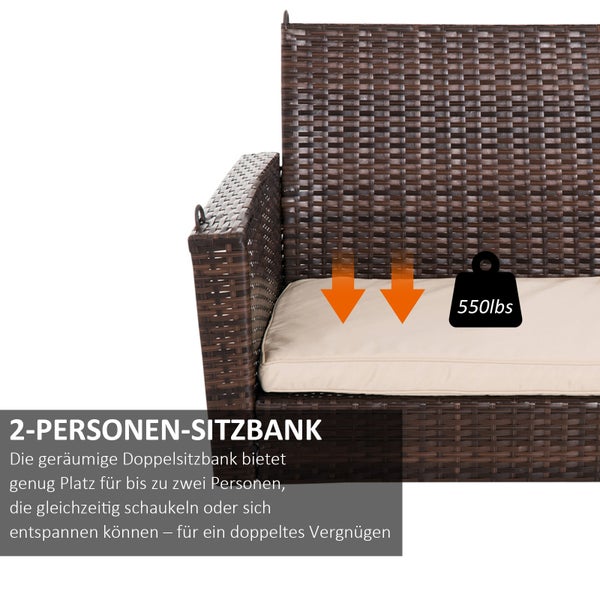 Outsunny Hollywoodschaukel, 2-Sitzer Rattan Gartenschaukel, mit Sitzkissen, 127 x 65 x 60 cm, PE Rattan, Metall, Polyester, Braun