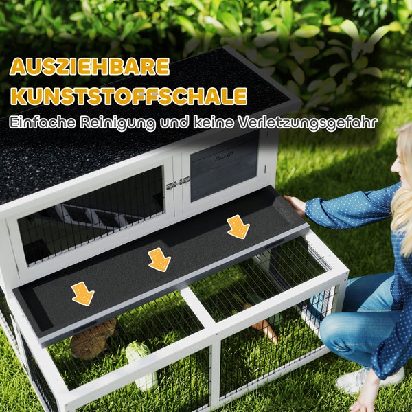 PawHut Hasenstall 2 Ebenen mit klappbar Dach Kaninchenstall aus Vollholz Winterfest Doppelstockhaus mit Freilaufgehege 122x95x93,5 cm Kaninchenkäfig Outdoor Kleintierstall für Hasen Kaninchen Grau