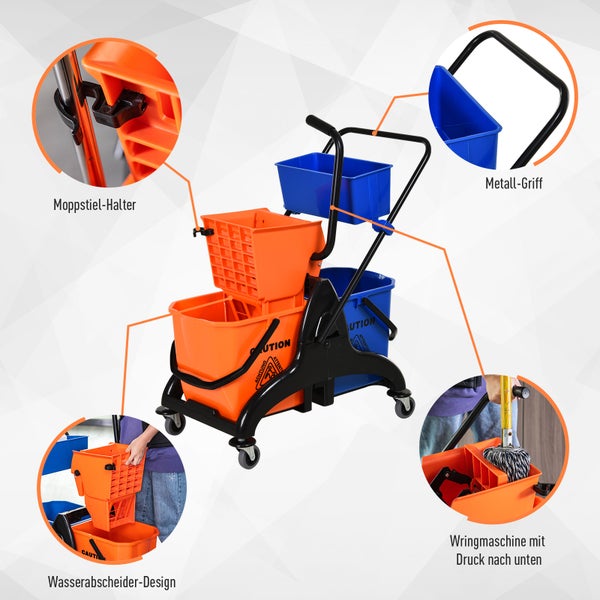 HOMCOM Putzwagen Reinigungswagen 26 Liter Wischwagen mit Wischmopp-Presse, Haushaltswagen mit Rollen Orange