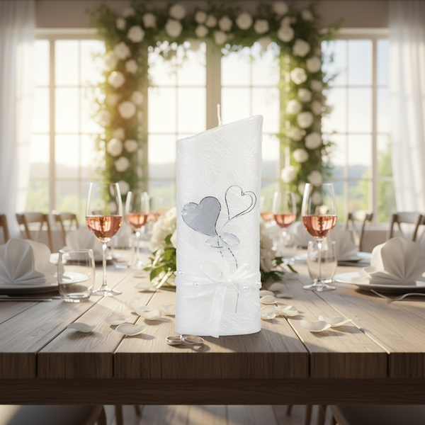 Weiße Stumpenkerze mit Herzmotiv und Schleife auf einem festlich gedeckten Holztisch für eine Hochzeit in einem hellen Raum.