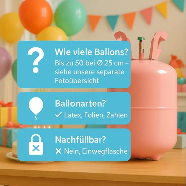 Informationen zur Heliumflasche für Ballons: Anzahl der Ballons, Ballonarten und ob sie nachfüllbar ist.