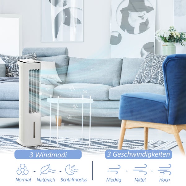 Weißer Turmventilator im hellen Wohnzimmer mit drei Windmodi und drei Geschwindigkeitsstufen.