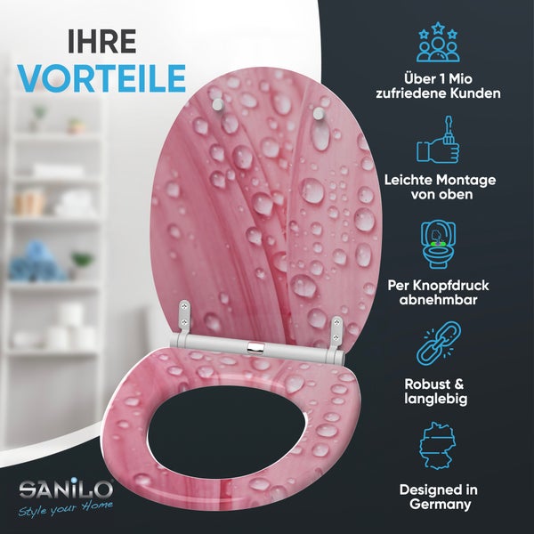 Sanilo Toilettensitz mit Absenkautomatik und Schnellverschluss, Design mit rosa Wassertropfen.