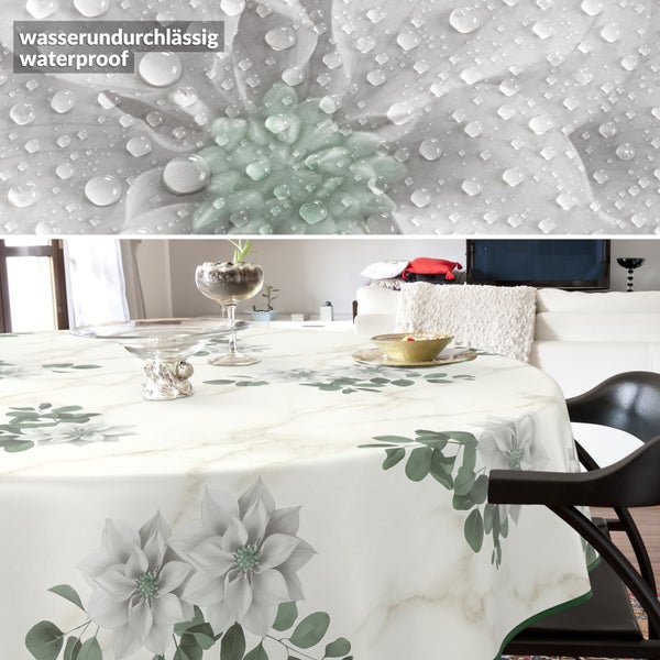 Szene eines Esstisches mit einer wasserdichten Tischdecke mit Blumenmuster